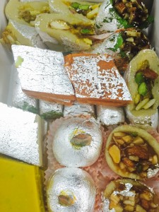 Mix Mithai Kaju Ladoo, Pista Pan, Kesar Katli, Anjeer Barfi, Dry fruit toast at Karachi Sweet Mart MG Road