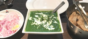 Glass Window Palak Paneer served with side of raw red onion salad and tandoori roti