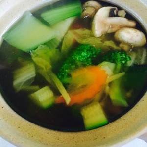 Vegetable Clear Soup with peapod, broccoli, carrot, mushroom and ginger