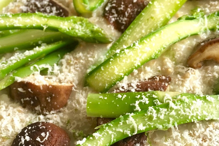 Steel Cut Oats Risotto with Asparagus and Mushrooms