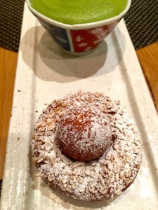 Sansho-chocolate filled doughnuts with matcha semifreddo