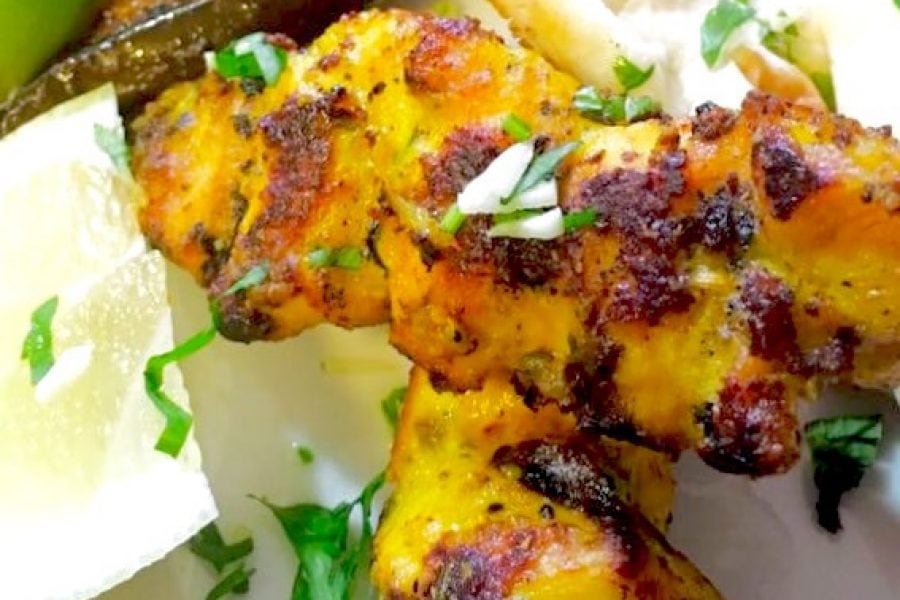 Chicken kababs spiced with fennel and mustard
