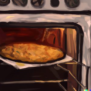 Impressionist painting of a naan being reheated under a broiler in the oven