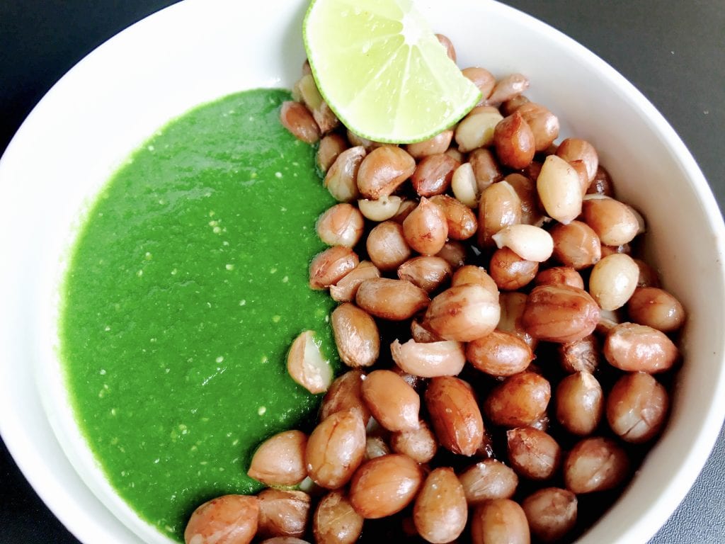 Boiled and roasted peanut chakna with Raw tomatillo salsa