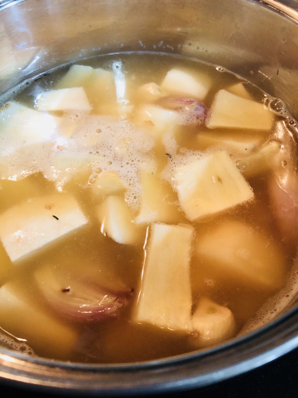 Roast parsnip garlic shallots in white wine and chicken stock