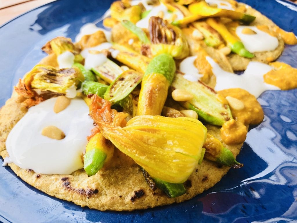 Baby Squash and Blossoms Tacos with Aji Amarillo Salsa