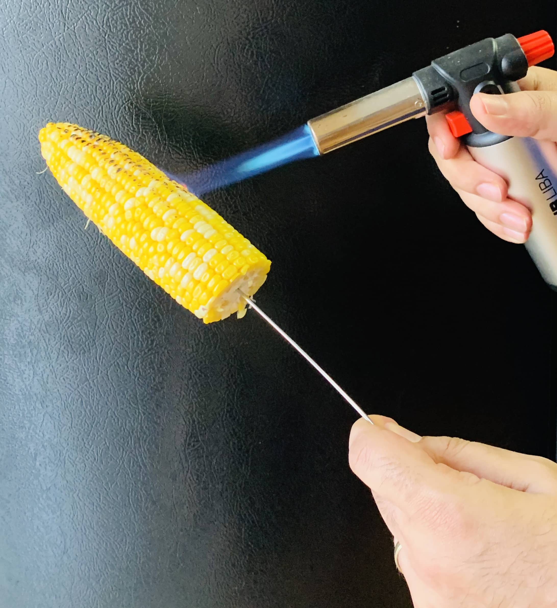 using creme brulee torch for even and quick grilled corn or bhutta or kanis